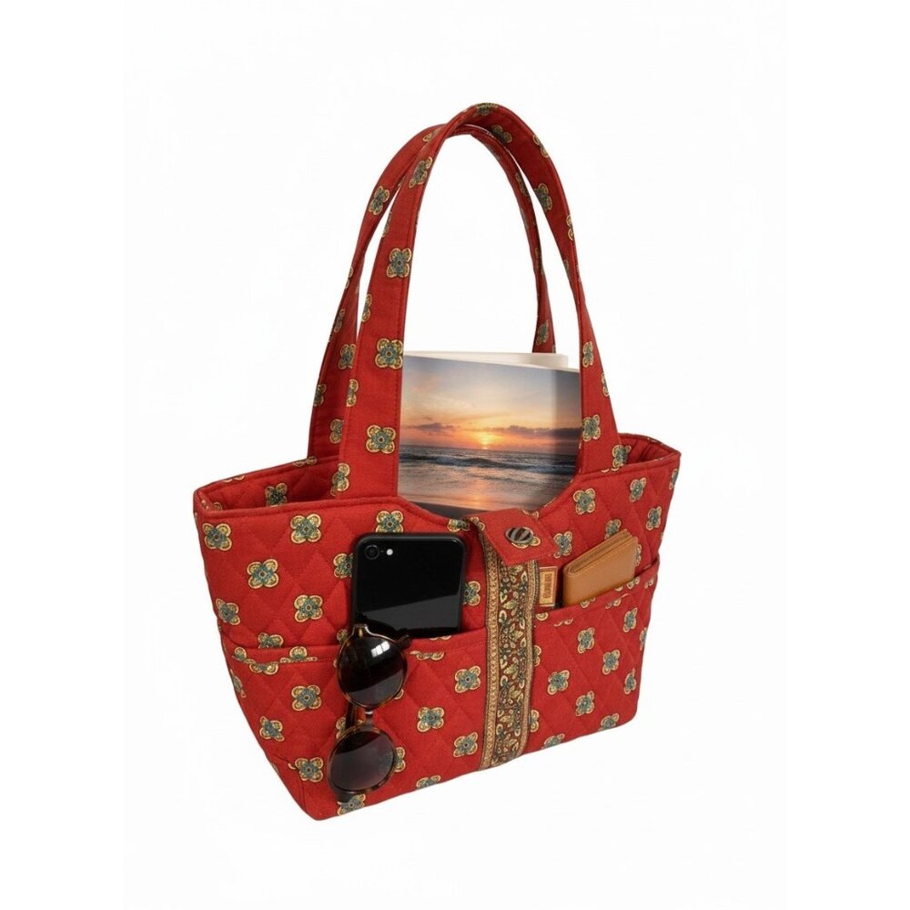 MaggiB Quilted Red Floral Tote Bag With Dual Handles‎ & Zipper Closure